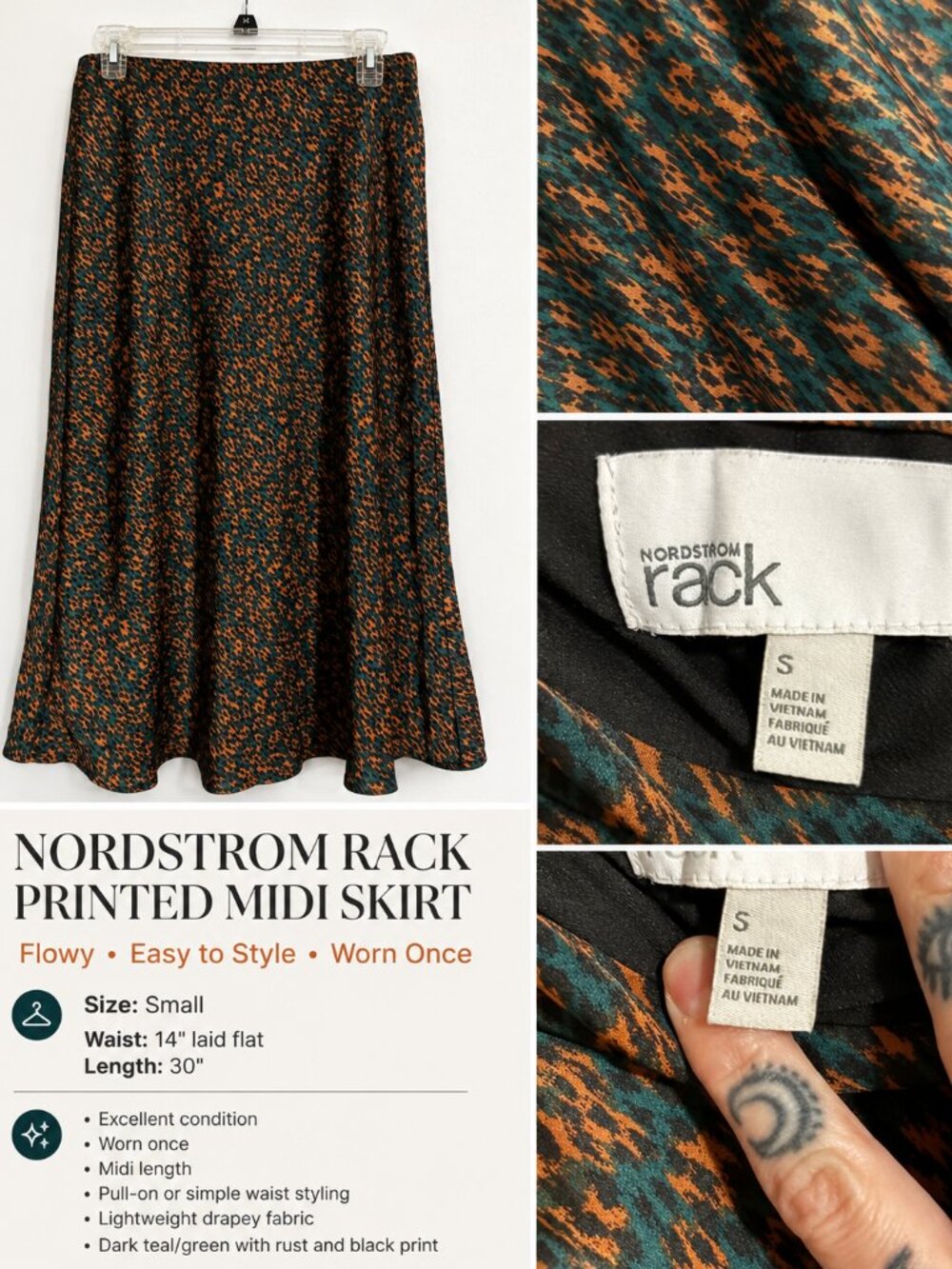 Nordstrom Rack Teal Rust Leopard Print Midi Skirt Small